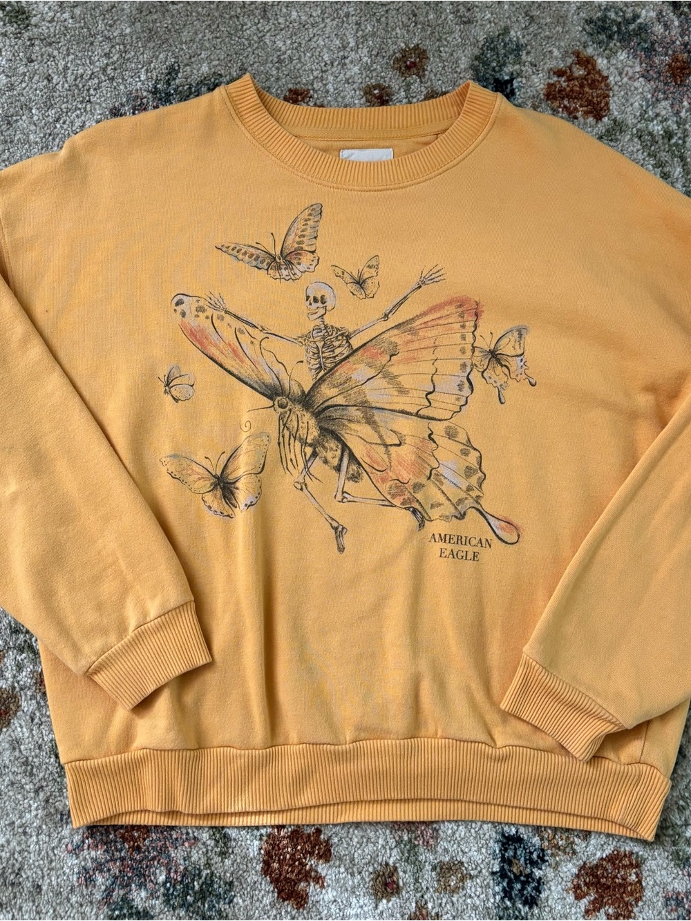 American Eagle Yellow Butterfly & Skeleton Graphic Sweatshirt
